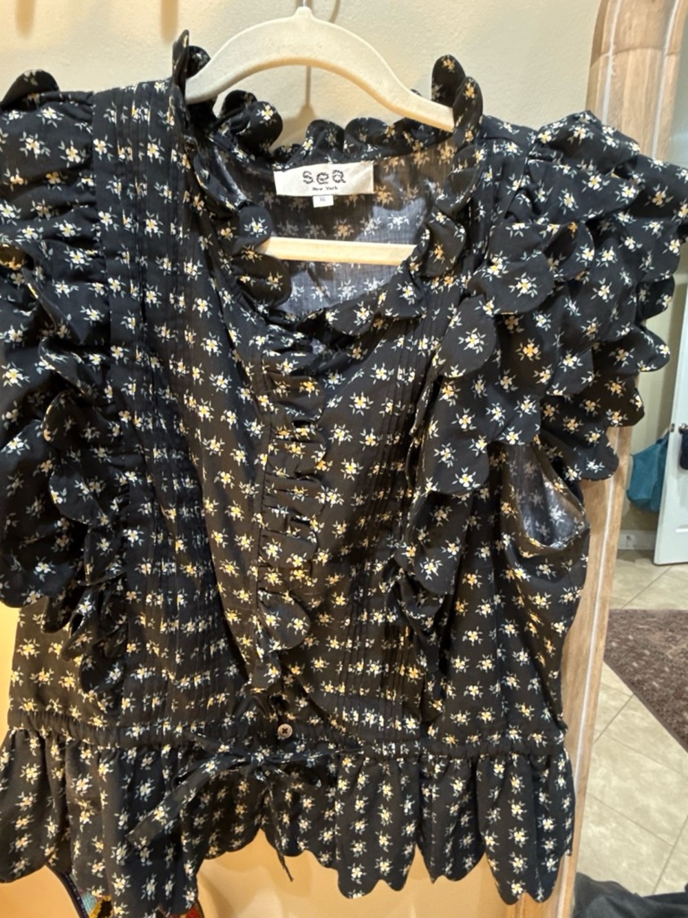 Sea Kids Black Floral Ruffle Dress with Cream Prints